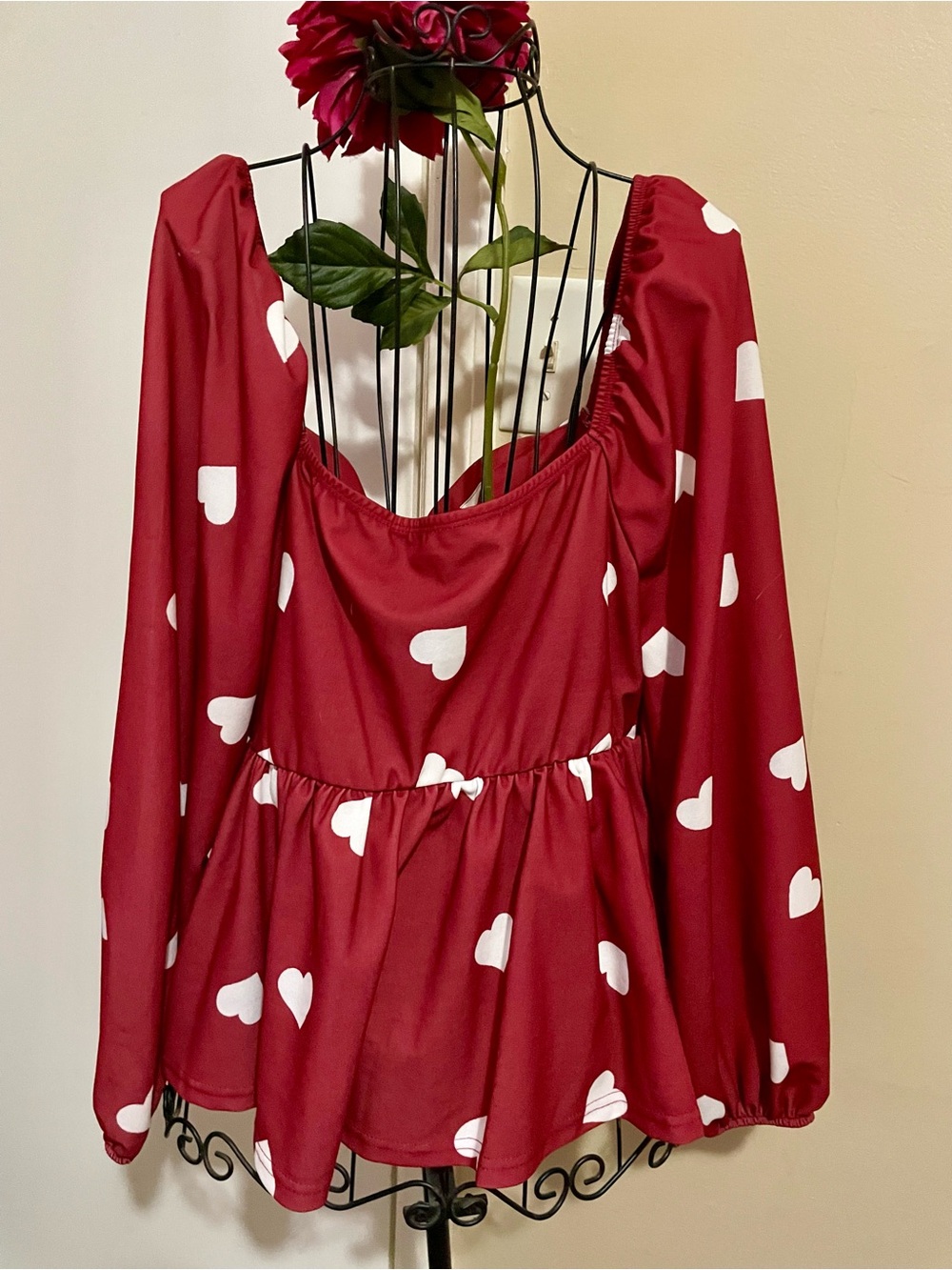 Red Heart Print Peplum Wrap Blouse - Picture 3 of 5